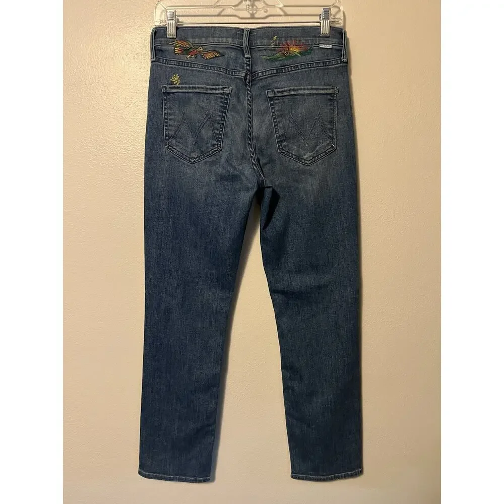 MOTHER The Mid Rise Dazzler Ankle Jeans Size 27 Blue Cherry Picking Bird Design - Picture 4 of 13